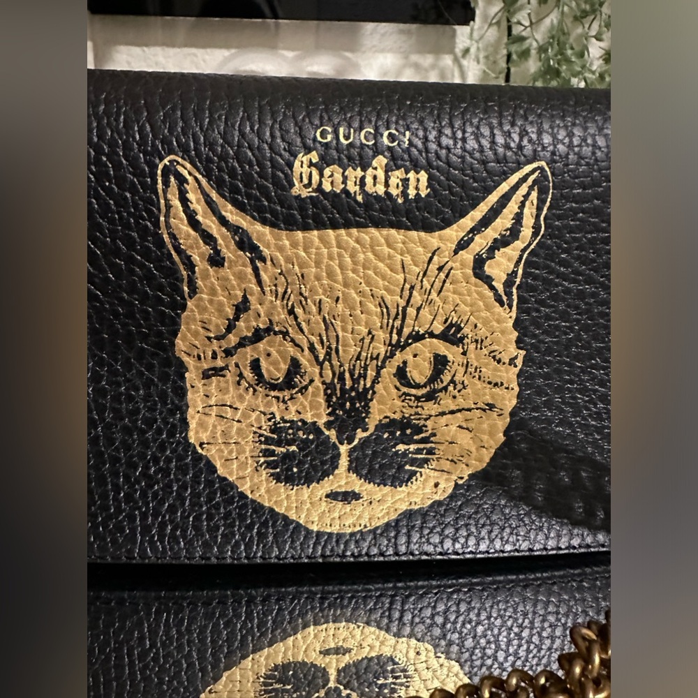 GUCCI Dollar Calfskin Garden Mystic Cat Chain Wallet in Black authentic new box - Picture 9 of 12